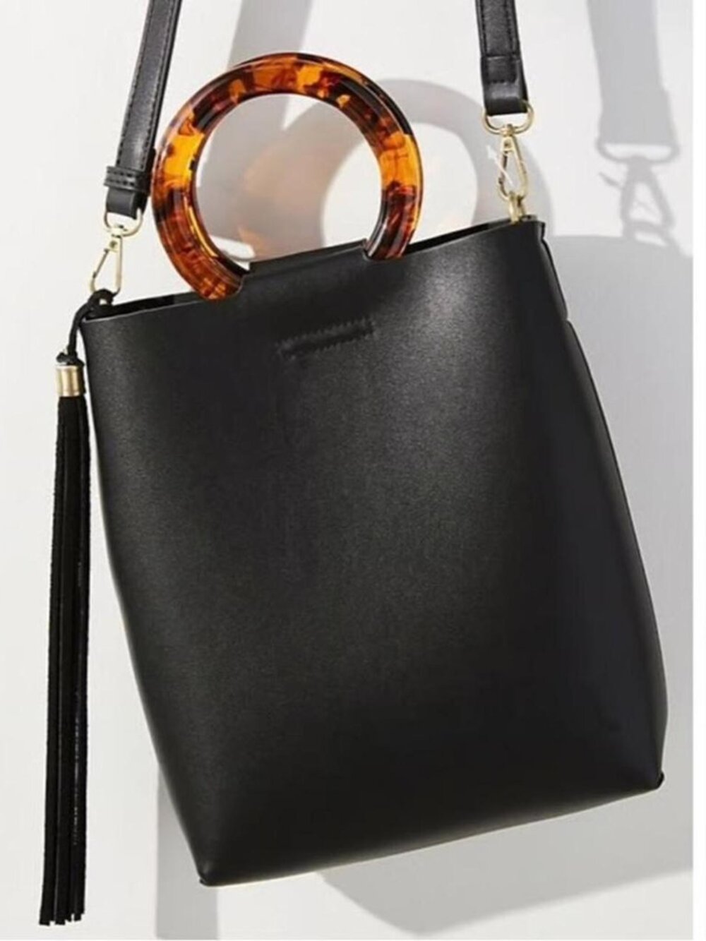 ANTHROPOLOGIE Lucite Handle Vegan Leather Black Tote Crossbody Bag